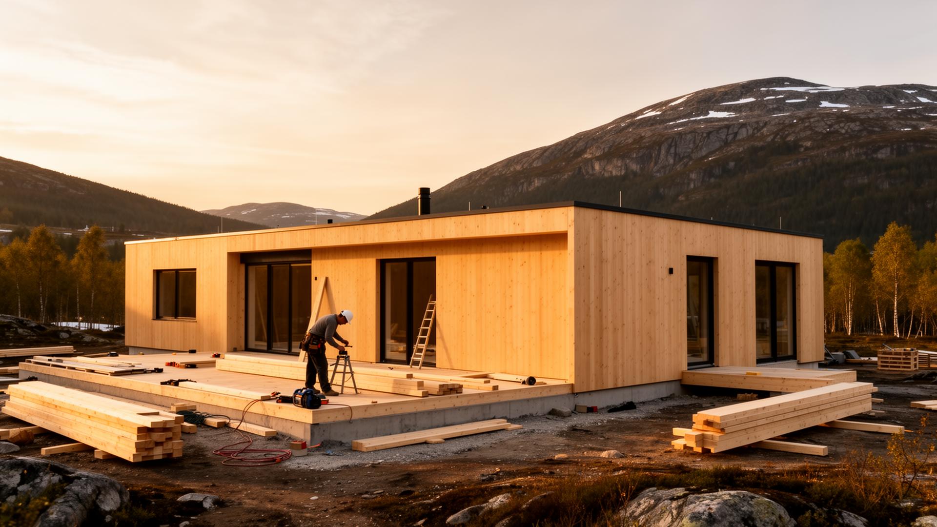 Modern Norwegian wooden house under construction